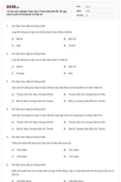 15 câu trắc nghiệm Toán lớp 5 Cánh diều Bài 88. Ôn tập một số yếu tố thống kê có đáp án