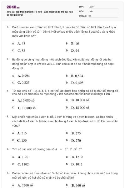 105 Bài tập trắc nghiệm Tổ hợp - Xác suất từ đề thi đại học có lời giải (P3)