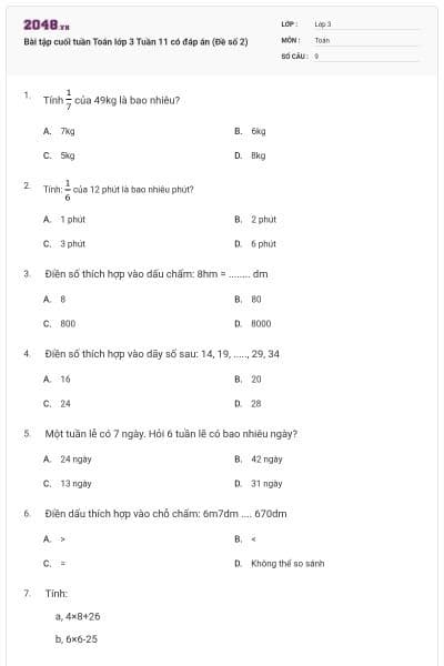 Bài tập cuối tuần Toán lớp 3 Tuần 11 có đáp án (Đề số 2)