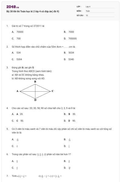 Bộ 30 Đề thi Toán học kì 2 lớp 4 có đáp án( đề 9)