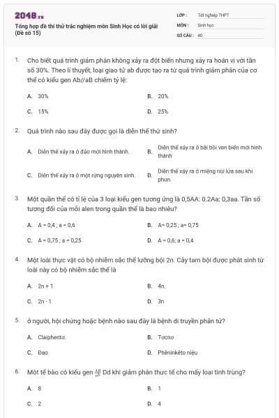 Tổng hợp đề thi thử trắc nghiệm môn Sinh Học có lời giải (Đề số 15)
