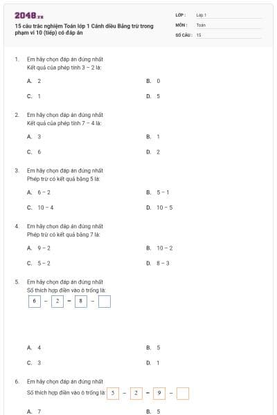 15 câu trắc nghiệm Toán lớp 1 Cánh diều Bảng trừ trong phạm vi 10 (tiếp) có đáp án