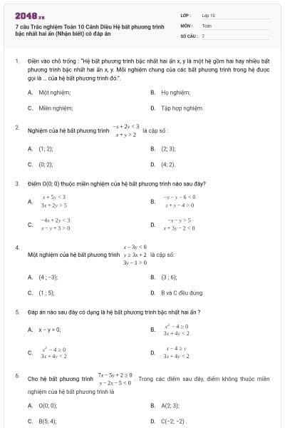 7 câu Trắc nghiệm Toán 10 Cánh Diều Hệ bất phương trình bậc nhất hai ẩn (Nhận biết) có đáp án