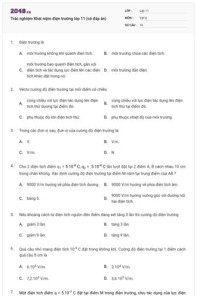Trắc nghiệm Khái niệm điện trường lớp 11 (có đáp án)