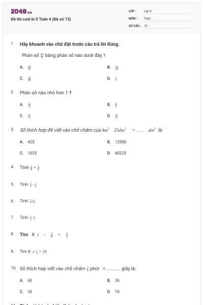 Đề thi cuối kì II Toán 4 (Đề số 13)