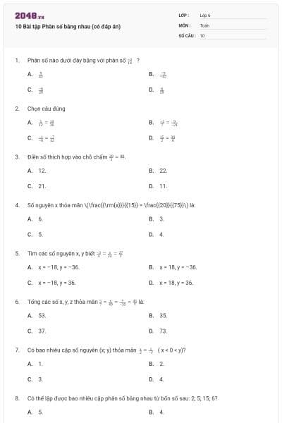 10 Bài tập Phân số bằng nhau (có đáp án)