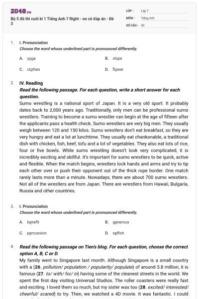 Bộ 5 đề thi cuối kì 1 Tiếng Anh 7 Right - on có đáp án - Đề 3
