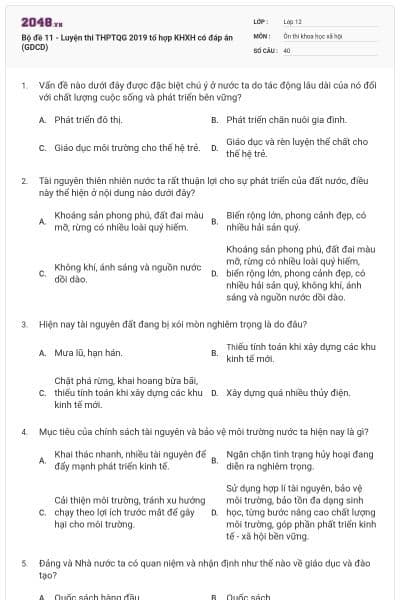 Bộ đề 11 - Luyện thi THPTQG 2019 tổ hợp KHXH có đáp án (GDCD)
