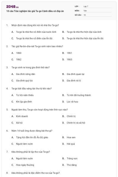 10 câu Trắc nghiệm tác giả Ta-go Cánh diều có đáp án