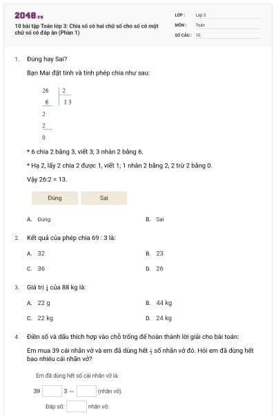 10 bài tập Toán lớp 3: Chia số có hai chữ số cho số có một chữ số có đáp án (Phần 1)