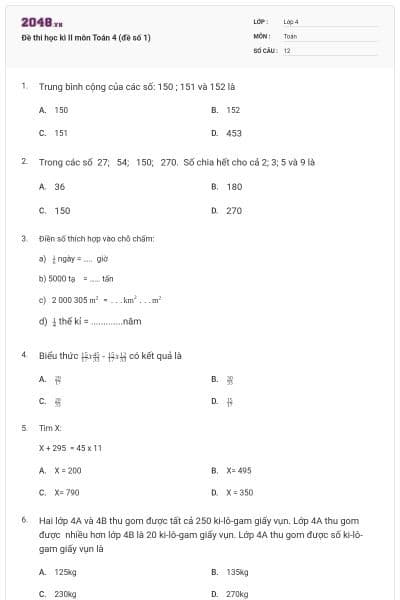 Đề thi học kì II môn Toán 4 (đề số 1)