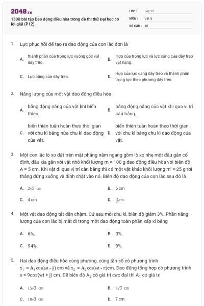 1300 bài tập Dao động điều hòa trong đề thi thử Đại học có lời giải (P12)