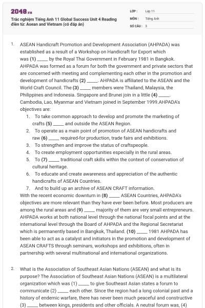 Trắc nghiệm Tiếng Anh 11 Global Success Unit 4 Reading điền từ: Asean and Vietnam (có đáp án)