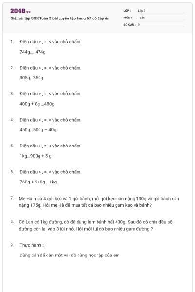 Giải bài tập SGK Toán 3 bài Luyện tập trang 67 có đáp án