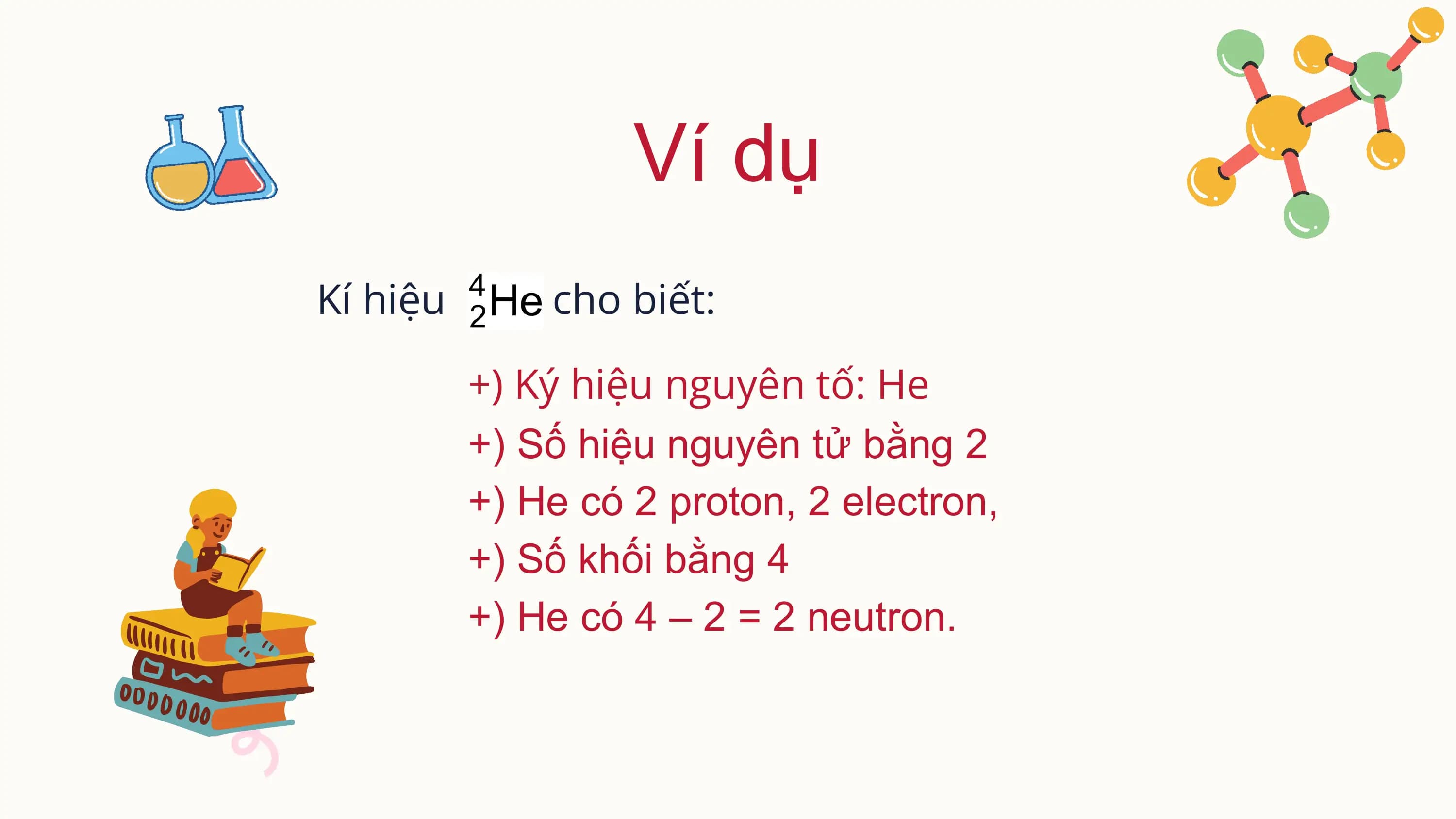 Ví dụ
Kí hiệu cho biết:
+) Ký hiệu nguyên tố: He
+) Số hiệu nguyên tử bằng 2
+) He có 2 proton, 2 electron,
+) Số khối bằng 4
+) He có 4 – 2 = 2 neutron.