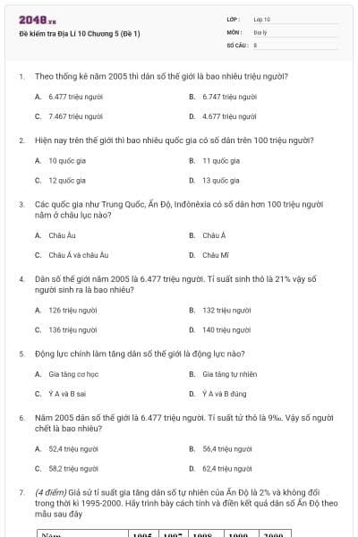 Đề kiểm tra Địa Lí 10 Chương 5 (Đề 1)