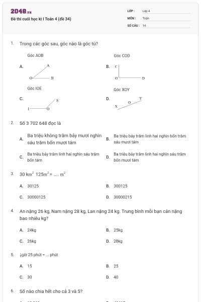 Đề thi cuối học kì I Toán 4 (đề 34)