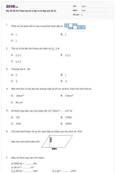 Bộ 30 Đề thi Toán học kì 2 lớp 4 có đáp án( đề 2)