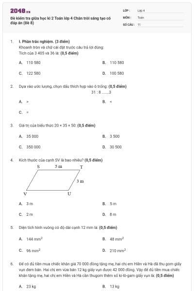 Đề kiểm tra giữa học kì 2 Toán lớp 4 Chân trời sáng tạo có đáp án (Đề 8)
