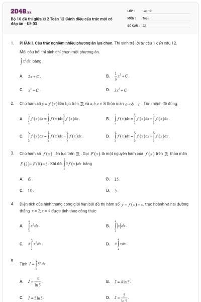 Bộ 10 đề thi giữa kì 2 Toán 12 Cánh diều cấu trúc mới có đáp án - Đề 03