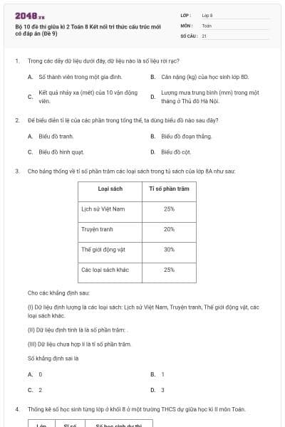 Bộ 10 đề thi giữa kì 2 Toán 8 Kết nối tri thức cấu trúc mới có đáp án (Đề 9)