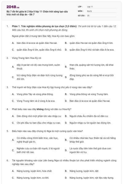 Bộ 7 đề thi giữa kì 2 Địa lí lớp 11 Chân trời sáng tạo cấu trúc mới có đáp án - Đề 7
