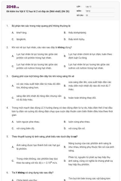 Đề kiểm tra Vật lí 12 học kì 2 có đáp án (Mới nhất) (Đề 26)