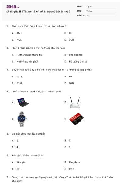 Đề thi giữa kì 1 Tin học 10 Kết nối tri thức có đáp án - Đề 3