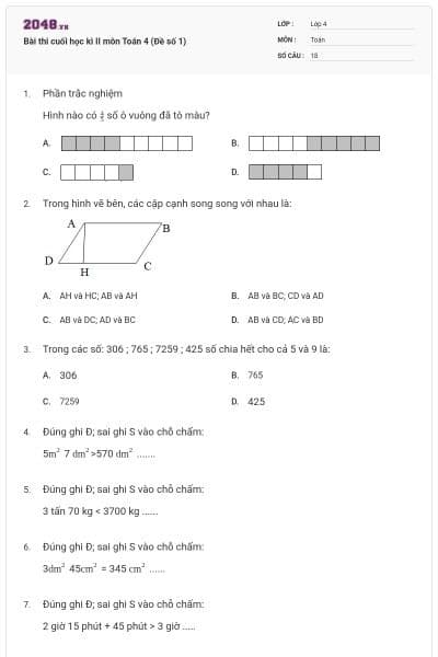 Bài thi cuối học kì II môn Toán 4 (Đề số 1)