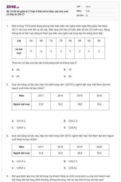 Bộ 10 đề thi giữa kì 2 Toán 8 Kết nối tri thức cấu trúc mới có đáp án (Đề 7)