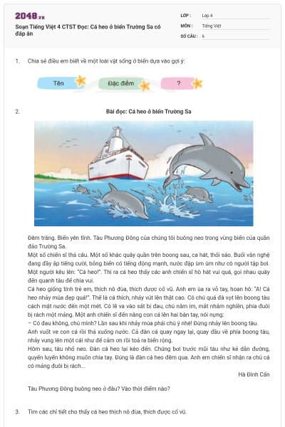 Soạn Tiếng Việt 4 CTST Đọc: Cá heo ở biển Trường Sa có đáp án