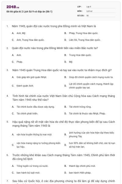 Đề thi giữa kì 2 Lịch Sử 9 có đáp án (Đề 1)