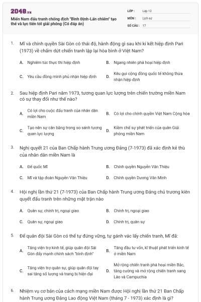 Miến Nam đấu tranh chống địch "Bình Định-Lấn chiếm" tạo thế và lực tiến tới giải phóng (Có đáp án)