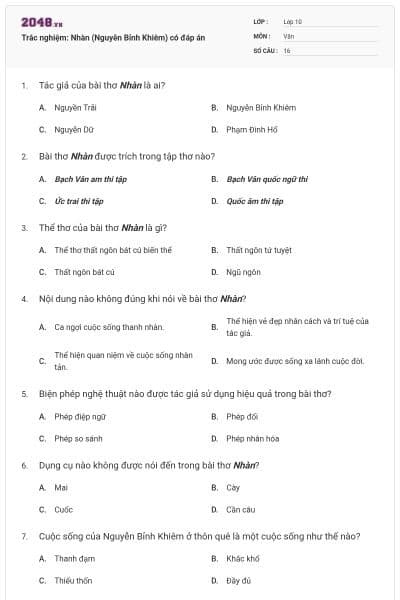 Trắc nghiệm: Nhàn (Nguyễn Bỉnh Khiêm) có đáp án