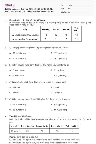 Bài tập hàng ngày Toán lớp 3 Kết nối tri thức Bài 73: Thu thập, phân loại, ghi chép số liệu. Bảng số liệu có đáp án