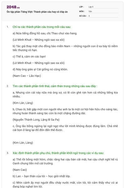Ôn tập phần Tiếng Việt: Thành phần câu hay có đáp án