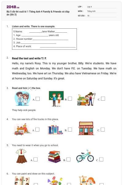 Bộ 5 đề thi cuối kì 1 Tiếng Anh 4 Family & Friends có đáp án (Đề 3)