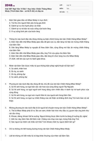 Giải SBT Ngữ Văn 10 Bài 1 Đọc hiểu: Chiến Thắng Mtao Mxây (Trích Đăm Săn - sử thi Ê-đê) có đáp án