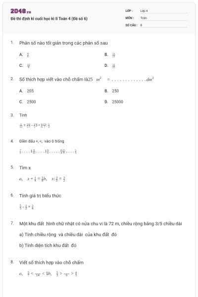 Đề thi định kì cuối học kì II Toán 4 (Đề số 6)