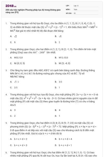 200 câu trắc nghiệm Phương pháp tọa độ trong không gian nâng cao (P3)