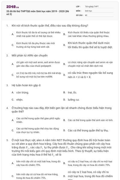 20 đề thi thử THPTQG môn Sinh học năm 2019 - 2020 (Đề số 3)