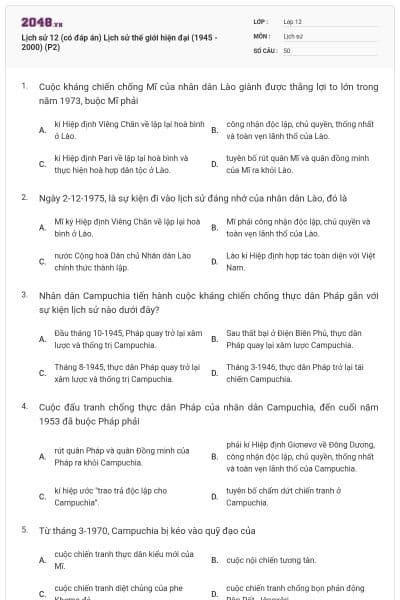 Lịch sử 12 (có đáp án) Lịch sử thế giới hiện đại (1945 - 2000) (P2)