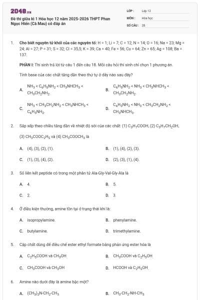Đề thi giữa kì 1 Hóa học 12 năm 2025-2026 THPT Phan Ngọc Hiển (Cà Mau) có đáp án