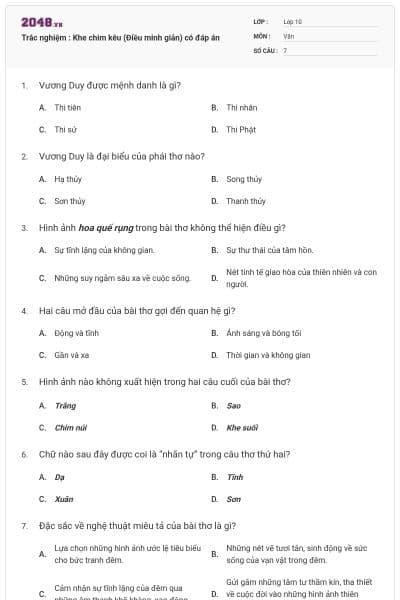 Trắc nghiệm : Khe chim kêu (Điều minh giản) có đáp án
