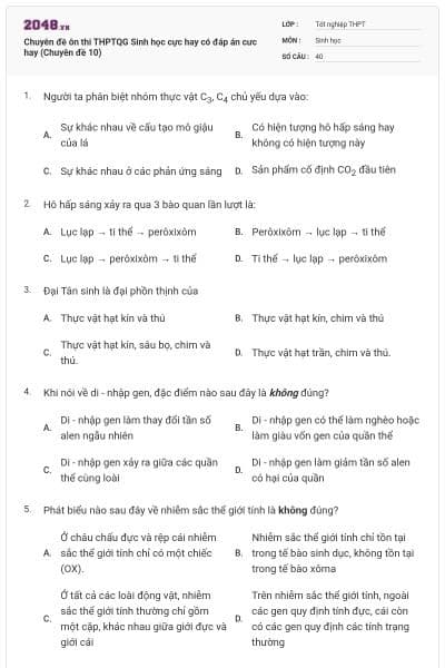 Chuyên đề ôn thi THPTQG Sinh học cực hay có đáp án cưc hay (Chuyên đề 10)