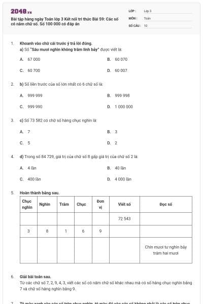 Bài tập hàng ngày Toán lớp 3 Kết nối tri thức Bài 59: Các số có năm chữ số. Số 100 000 có đáp án
