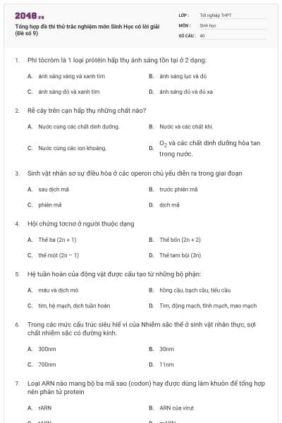 Tổng hợp đề thi thử trắc nghiệm môn Sinh Học có lời giải (Đề số 9)