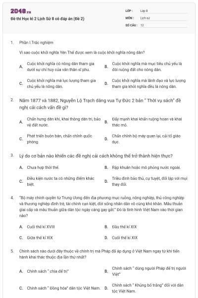 Đề thi Học kì 2 Lịch Sử 8 có đáp án (Đề 2)