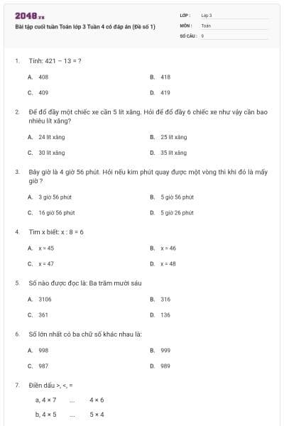 Bài tập cuối tuần Toán lớp 3 Tuần 4 có đáp án (Đề số 1)