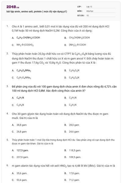 bài tập amin, amino axit, protein ( mức độ vận dụng p1)